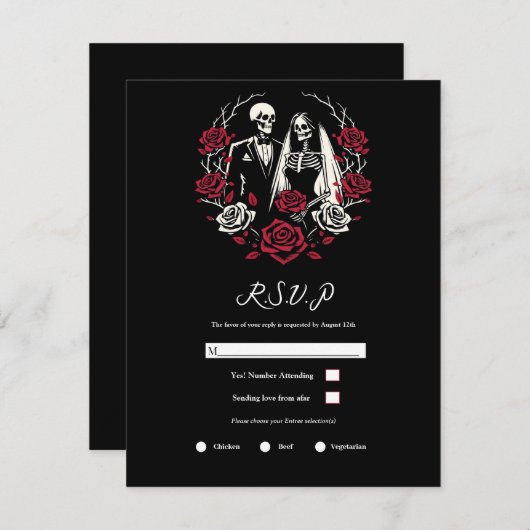 Rote und Schwarz-weiße Rose Skeleton Wedding RSVP Einladung (Vorne/Hinten)
