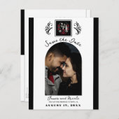 Rote und Schwarz-weiße Rose Skeletton Save the Dat Ankündigungspostkarte (Vorne/Hinten)