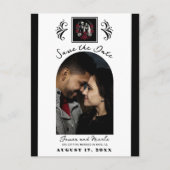 Rote und Schwarz-weiße Rose Skeletton Save the Dat Ankündigungspostkarte (Vorderseite)