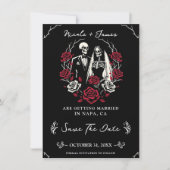 Rote und Schwarz-weiße Rose Skeletton Save the Dat Einladung (Vorderseite)