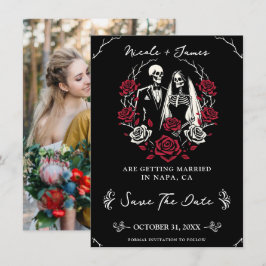 Rote und Schwarz-weiße Rose Skeletton Save the Dat Einladung