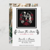 Rote und Schwarz-weiße Rose Skeletton Save the Dat Einladung (Vorne/Hinten)
