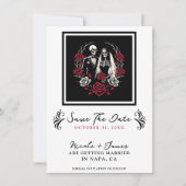 Rote und Schwarz-weiße Rose Skeletton Save the Dat Einladung (Vorderseite)