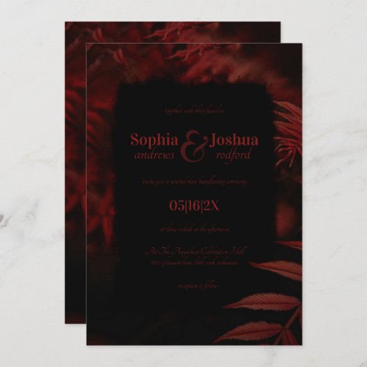 Rote und schwarze Blätter Gotische Hochzeitsbehand Einladung (Vorne/Hinten)