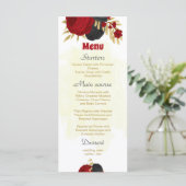Rote und schwarze Blume, botanische Hochzeit Menükarte (Stehend Vorderseite)