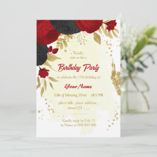 Rote und schwarze Blume Gold Geburtstagsparty Einladung