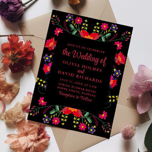 Rote und schwarze Blumen-Fiesta Mexicana Hochzeit Einladung