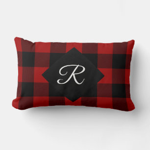 rote und schwarze Buffalo-Karo mit Monogramm Lendenkissen