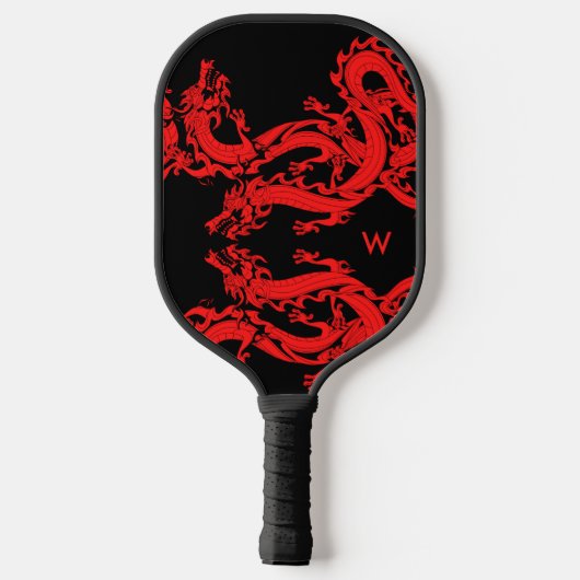 Rote und schwarze chinesische Drachen Monogramm hi Pickleball Schläger (Rückseite)