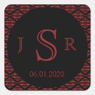 Rote und schwarze Damaskus-Gothic-Monogramm-Aufkle Quadratischer Aufkleber