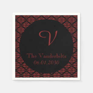 Rote und schwarze Damaskus-Monogramm-Hochzeit Serviette