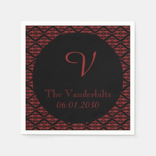 Rote und schwarze Damaskus-Monogramm-Hochzeit Serviette (Vorderseite)