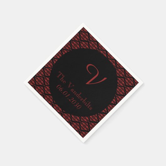 Rote und schwarze Damaskus-Monogramm-Hochzeit Serviette (Ecke)