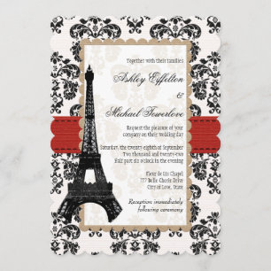 Rote und schwarze Damast-Eiffelturm-Hochzeit Einladung