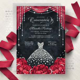 Rote und schwarze Diamant-Blumen-Quinceanera Einladung