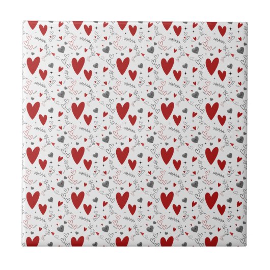 Rote und schwarze Doodle-Herzen Liebe Fliese (Vorderseite)