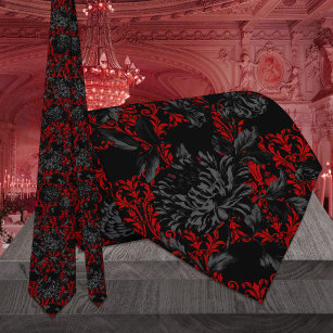 Rote und schwarze Floral Damask Gotische Hochzeit Krawatte