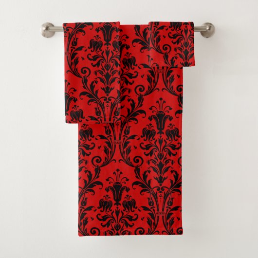 Rote und schwarze Floral-Damaskus Badhandtuch Set (Insitu)
