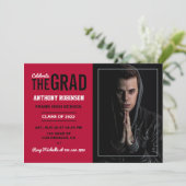 Rote und schwarze Graduierungsparty - Foto Einladung (Stehend Vorderseite)