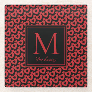 Rote und schwarze Herzen Personalisiertes Monogram Glasuntersetzer