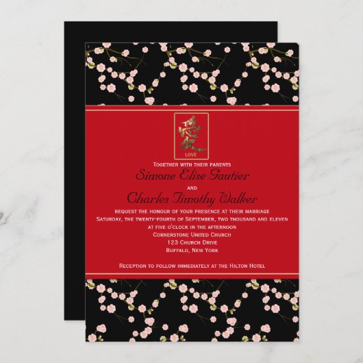 Rote und schwarze Kirschblüten Einladung zur Hochz (Vorne/Hinten)