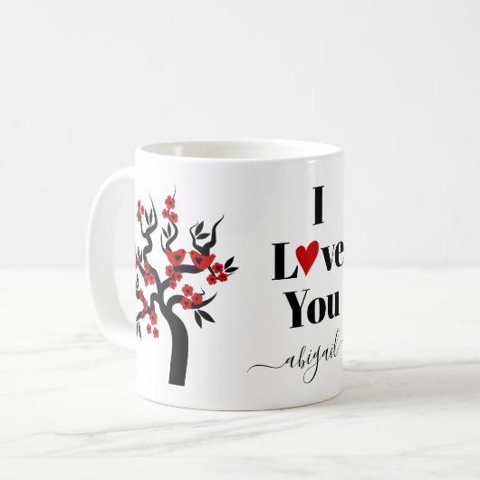 Rote und schwarze Liebesvögel Kirschbaum mit Blüte Kaffeetasse (Vorderseite Links)