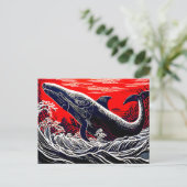Rote und schwarze Linocut Sperm Whale Breach Postkarte (Stehend Vorderseite)