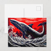 Rote und schwarze Linocut Sperm Whale Breach Postkarte (Vorne/Hinten)