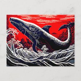 Rote und schwarze Linocut Sperm Whale Breach Postkarte