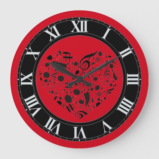 Rote und schwarze Musiknoten Herzklappen-Uhr Große Wanduhr (Vorderseite)