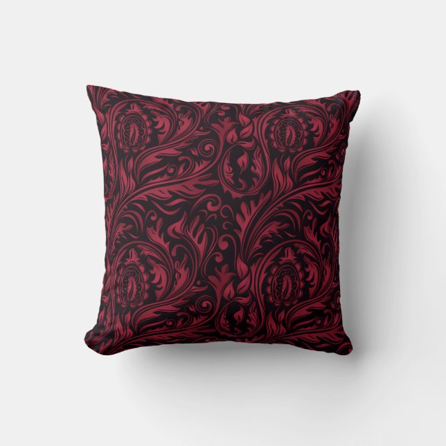 Rote und schwarze Paisley Floral Wirbel Kissen (Vorderseite)