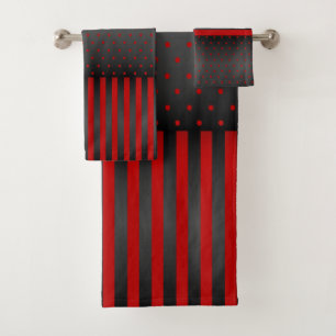 Rote und schwarze Polka-Punkte und -Streifen Badhandtuch Set