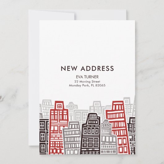 Rote und schwarze Retro-Gebäude Neue Adresskarte Einladung (Vorderseite)