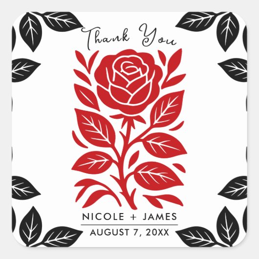 Rote und schwarze Rose Blumen Modernes Brautparty Quadratischer Aufkleber (Vorderseite)