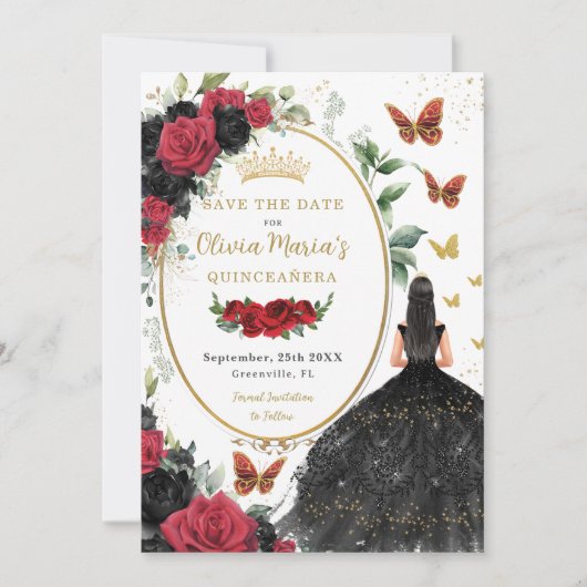 Rote und schwarze Rose Blumenquinceñera Save The Date (Vorderseite)