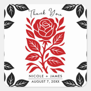 Rote und schwarze Rose Florale moderne Brautparty Quadratischer Aufkleber