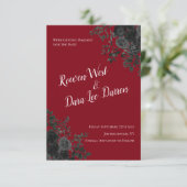 Rote und schwarze Rose Gothic Wedding Save the Dat Einladung (Stehend Vorderseite)