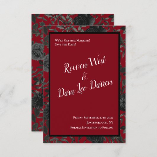 Rote und schwarze Rose Gothic Wedding Save the Dat Einladung (Vorne/Hinten)