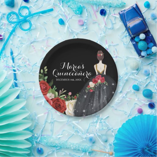 Rote und schwarze Rose Mis Quince Pappteller (Party)