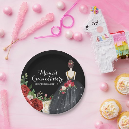 Rote und schwarze Rose Mis Quince Pappteller (Party)