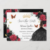 Rote und schwarze Rose Princess Gold Quinceañera Save The Date (Vorne/Hinten)