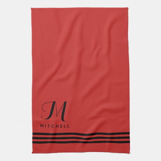 Rote und schwarze Streifen und Monogramm Geschirrtuch (Vertikal)