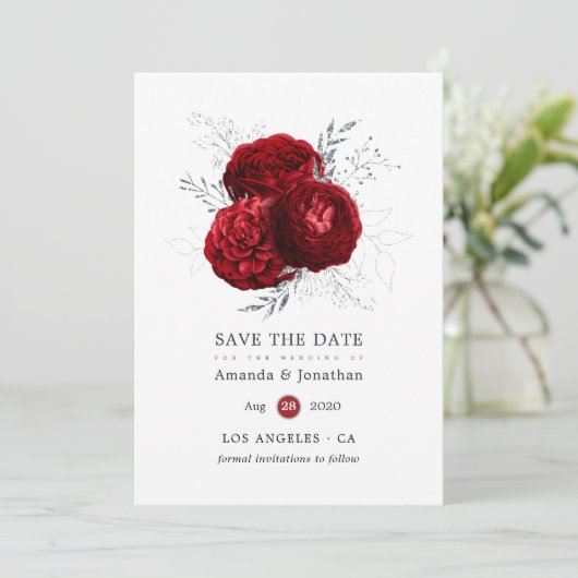 Rote und Silberblume Save The Date (Stehend Vorderseite)