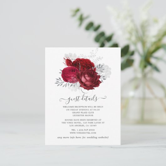 Rote und Silberflorale Hochzeitgäste Details Begleitkarte (Stehend Vorderseite)