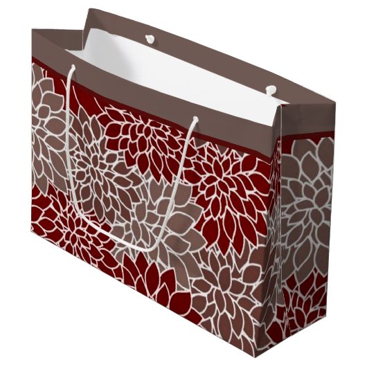Rote und silberne Dahlien große Geschenktasche Geschenktüte (Vorderseite Schrägansicht)