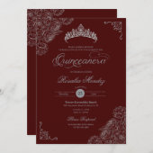 Rote und Silberne Rose Elegante Quinceñera Einladung (Vorne/Hinten)