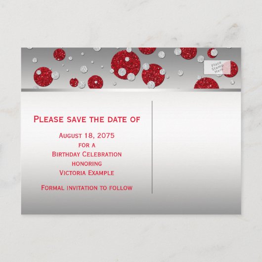 Rote und Silberne Save the Date Postkarten (Rückseite)
