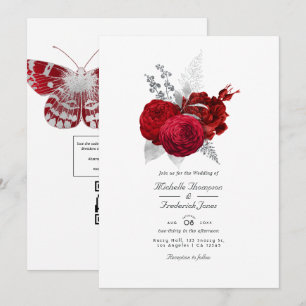 Rote und silberne Vintage-Rose QR-Code-RSVP-Hochze Einladung