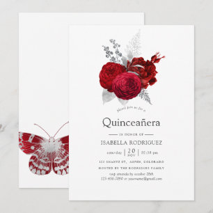 Rote und silberne Vintage-Rose Quinceañera Einladung