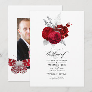 Rote und silberne Vintage-Rosen-Hochzeitsfoto Einladung